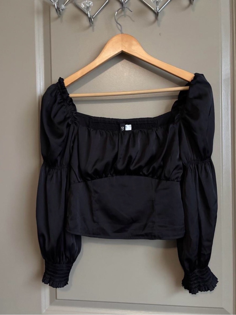 H&M Black Satin Puff Sleeve Square Neck Top